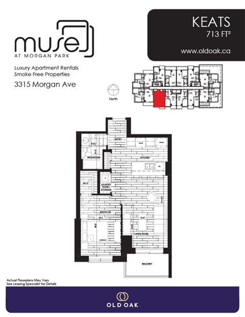 Floor plan for 1 bed, 1 bath, 713 sqft